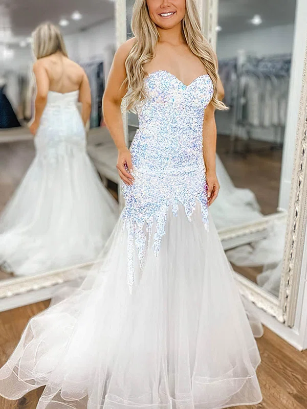 Trumpet/Mermaid Sweetheart Tulle Sequined Sweep Train Prom Dresses #UKM020114506