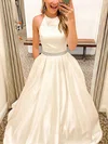 Ball Gown Scoop Neck Satin Sweep Train Prom Dresses With Pockets #UKM020114513