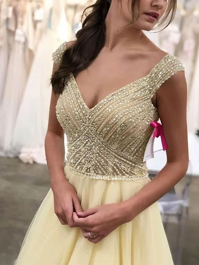 A-line Off-the-shoulder Tulle Glitter Sweep Train Prom Dresses With Beading #UKM020114521