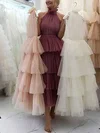 A-line High Neck Tulle Tea-length Prom Dresses With Sashes / Ribbons #UKM020114525