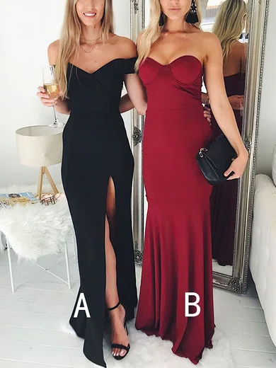 Sheath/Column Off-the-shoulder Stretch Crepe Floor-length Prom Dresses With Split Front #UKM020114526
