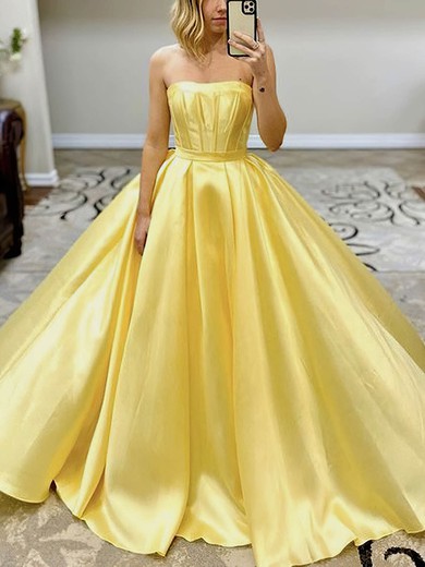 Ball Gown Strapless Satin Sweep Train Prom Dresses With Sashes / Ribbons #UKM020114527
