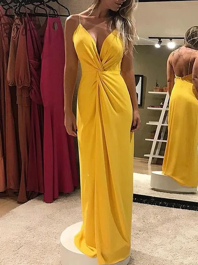 Sheath/Column Floor-length V-neck Chiffon Ruffles Prom Dresses #UKM020114535