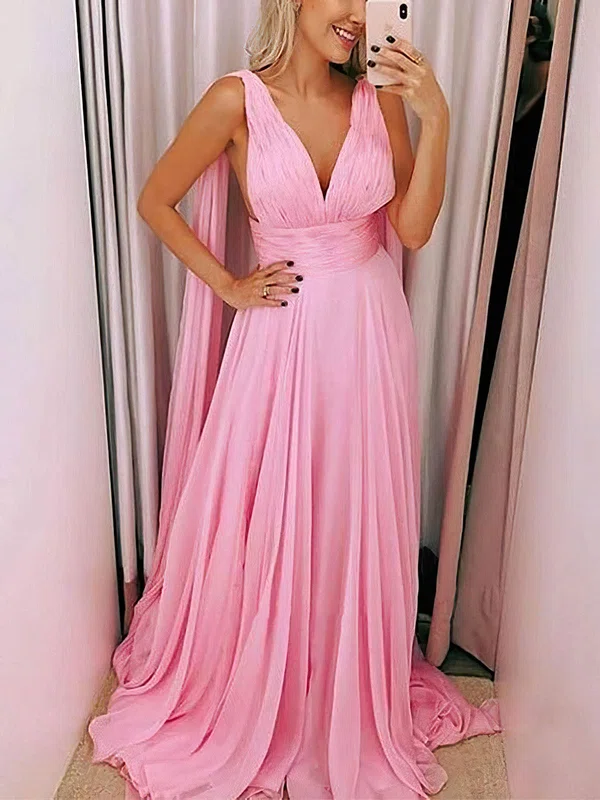 A-line V-neck Chiffon Sweep Train Prom Dresses With Sashes / Ribbons #UKM020114539