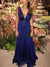 A-line V-neck Tulle Floor-length Prom Dresses With Sashes / Ribbons #UKM020114540