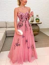 A-line V-neck Tulle Floor-length Prom Dresses With Appliques Lace #UKM020114542