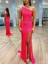 Sheath/Column One Shoulder Sequined Sweep Train Prom Dresses With Split Front #UKM020114554
