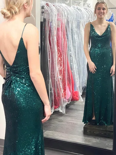 Sheath/Column Cowl Neck Sequined Floor-length Prom Dresses With Split Front #UKM020114556