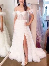 A-line Off-the-shoulder Lace Tulle Sweep Train Prom Dresses With Feathers / Fur #UKM020114558