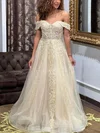 A-line Off-the-shoulder Tulle Sweep Train Prom Dresses With Appliques Lace #UKM020114560
