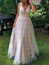 A-line V-neck Lace Tulle Floor-length Prom Dresses With Sashes / Ribbons #UKM020114561
