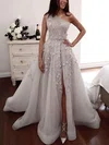 Ball Gown/Princess Sweep Train One Shoulder Tulle Appliques Lace Prom Dresses #UKM020114564