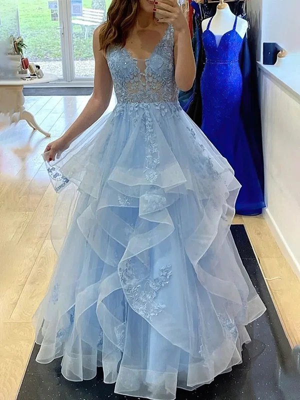 A-line V-neck Tulle Sweep Train Prom Dresses With Cascading Ruffles #UKM020114566