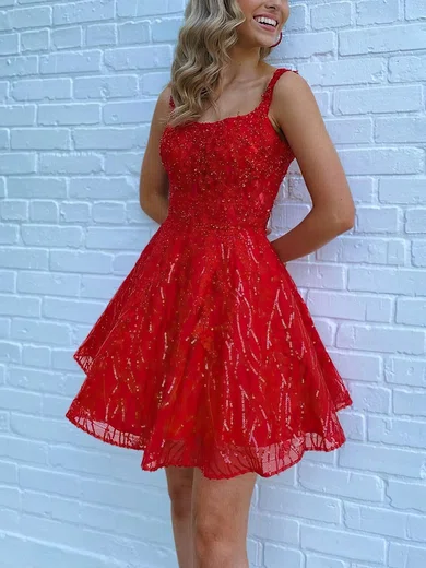 A-line Scoop Neck Sparkly Sequin Prom Dresses With Beading #UKM020114567
