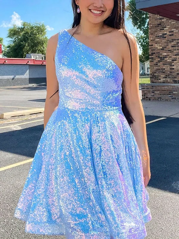 A-line One Shoulder Glitter Short/Mini Short Prom Dresses #UKM020114574