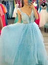 Ball Gown V-neck Tulle Sweep Train Prom Dresses With Tiered #UKM020114577