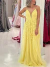 A-line V-neck Tulle Sweep Train Prom Dresses With Beading #UKM020114578
