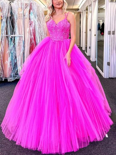 Ball Gown V-neck Tulle Floor-length Prom Dresses With Appliques Lace #UKM020114583