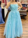 A-line Square Neckline Tulle Floor-length Prom Dresses With Appliques Lace #UKM020114584