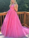 Ball Gown Scoop Neck Tulle Sweep Train Prom Dresses With Appliques Lace #UKM020114585
