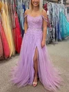 A-line Off-the-shoulder Tulle Glitter Sweep Train Prom Dresses With Appliques Lace #UKM020114587
