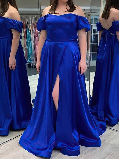A-line Off-the-shoulder Satin Prom Dresses With Ruched #UKM020114588
