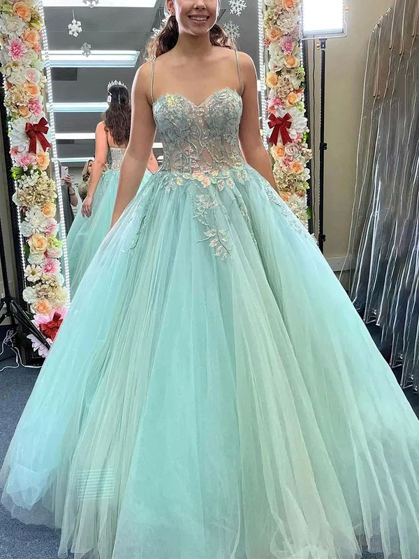 Ball Gown Sweetheart Tulle Sweep Train Prom Dresses With Appliques Lace #UKM020114593