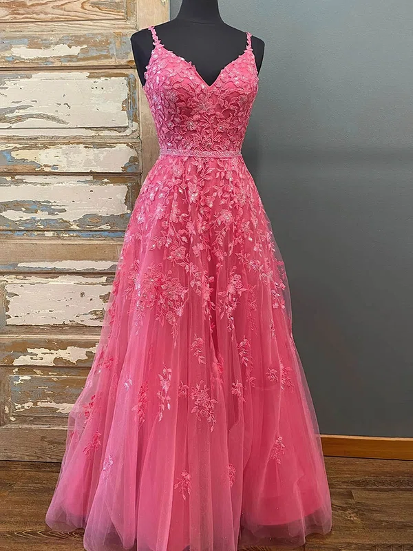 A-line V-neck Tulle Floor-length Prom Dresses With Beading #UKM020114596