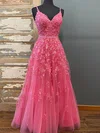 A-line V-neck Tulle Floor-length Prom Dresses With Beading #UKM020114596