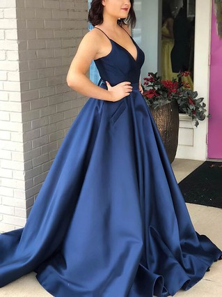 Princess V-neck Satin Sweep Train Pockets Prom Dresses | MillyBridal