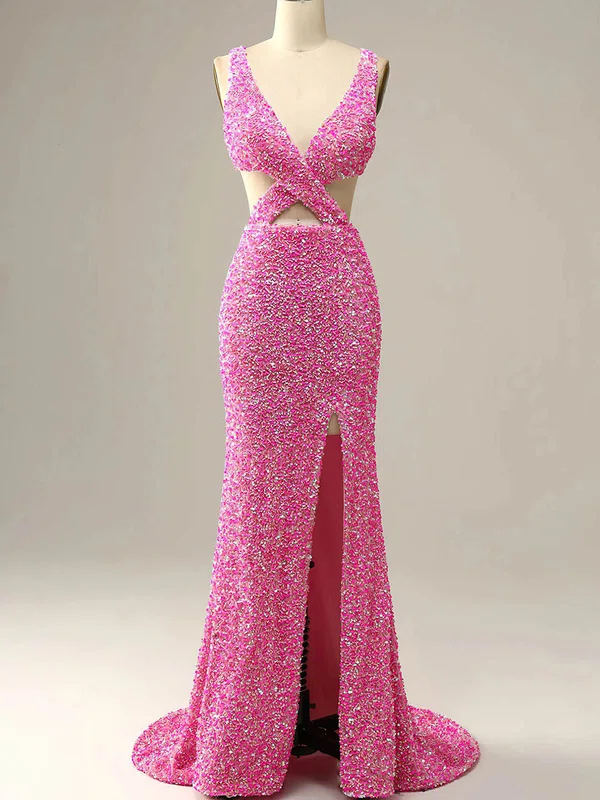 Sheath/Column V-neck Sequined Sweep Train Prom Dresses With Split Front #UKM020114607