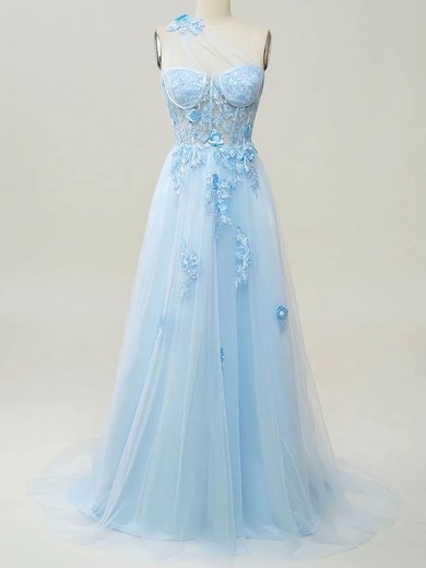 A-line One Shoulder Tulle Sweep Train Prom Dresses With Flower(s) #UKM020114608