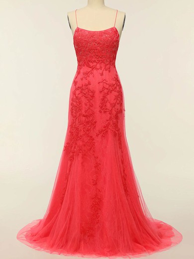 Trumpet/Mermaid Scoop Neck Tulle Sweep Train Prom Dresses With Pearl Detailing #UKM020114610