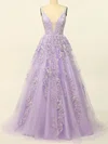 Princess V-neck Tulle Sweep Train Prom Dresses With Sequins #UKM020114611
