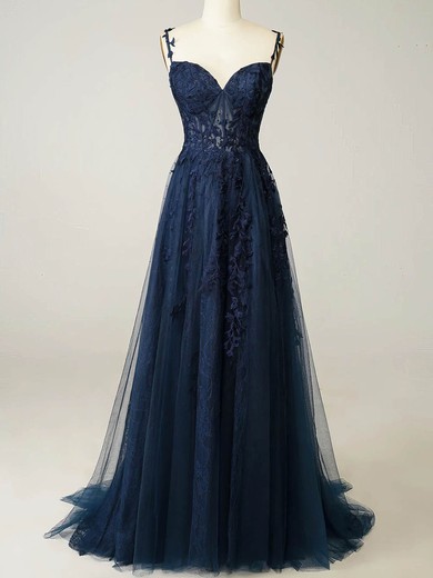 A-line V-neck Tulle Sweep Train Prom Dresses With Pearl Detailing #UKM020114612