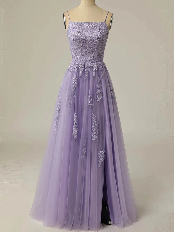 A-line Square Neckline Tulle Floor-length Prom Dresses With Split Front #UKM020114613