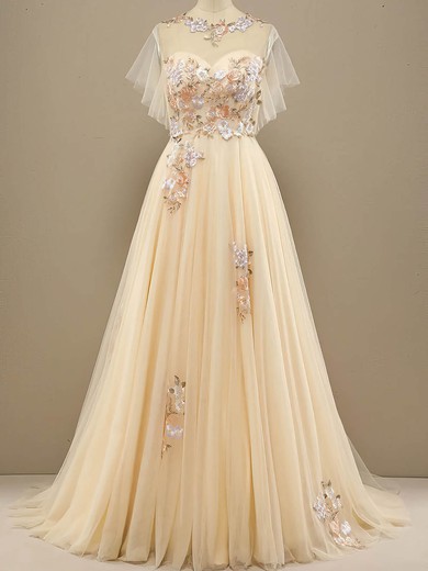 A-line Scoop Neck Tulle Sweep Train Prom Dresses With Appliques Lace #UKM020114616