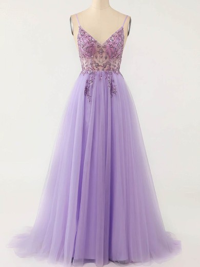 A-line V-neck Tulle Sweep Train Prom Dresses With Beading #UKM020114618