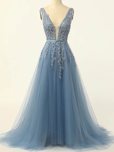 Princess V-neck Tulle Sweep Train Prom Dresses With Sashes / Ribbons #UKM020114625