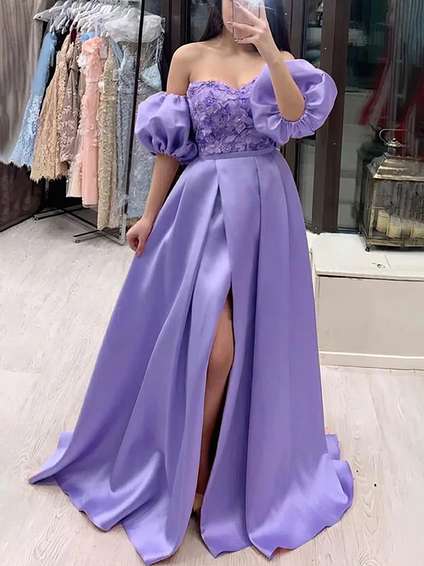 A-line Off-the-shoulder Satin Floor-length Prom Dresses With Flower(s) #UKM020114627
