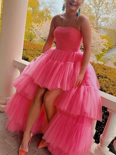 Princess Strapless Tulle Asymmetrical Prom Dresses With Tiered #UKM020114628