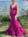 Trumpet/Mermaid V-neck Tulle Floor-length Prom Dresses With Appliques Lace #UKM020114631
