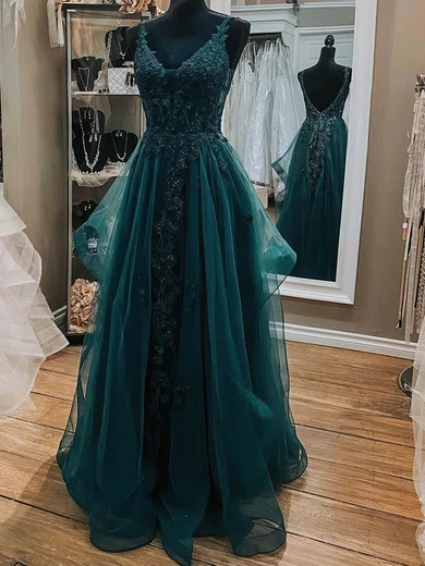 Ball Gown V-neck Floor-length Tulle Prom Dresses With Appliques #UKM020114635