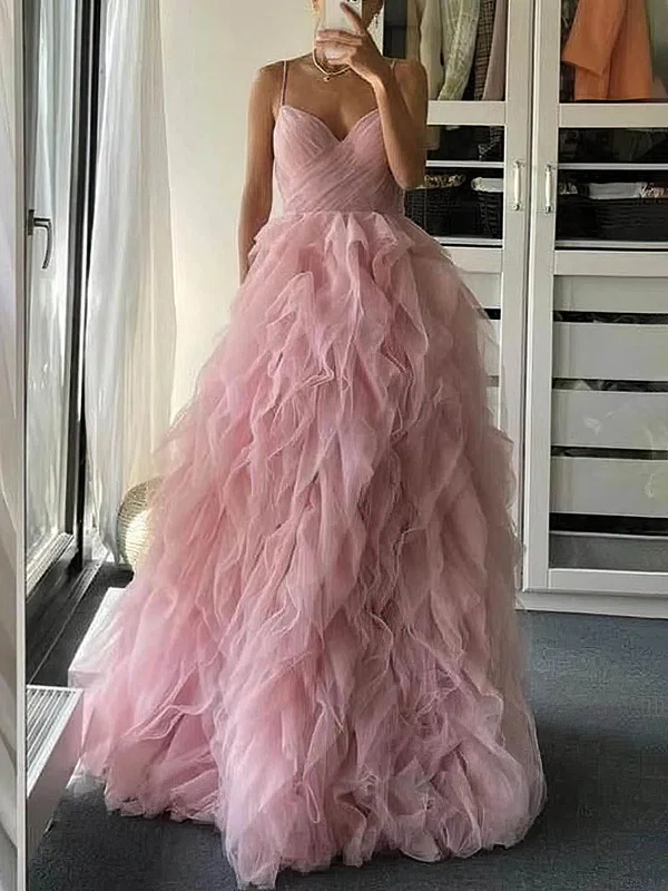 Princess V-neck Tulle Floor-length Prom Dresses With Cascading Ruffles #UKM020114636