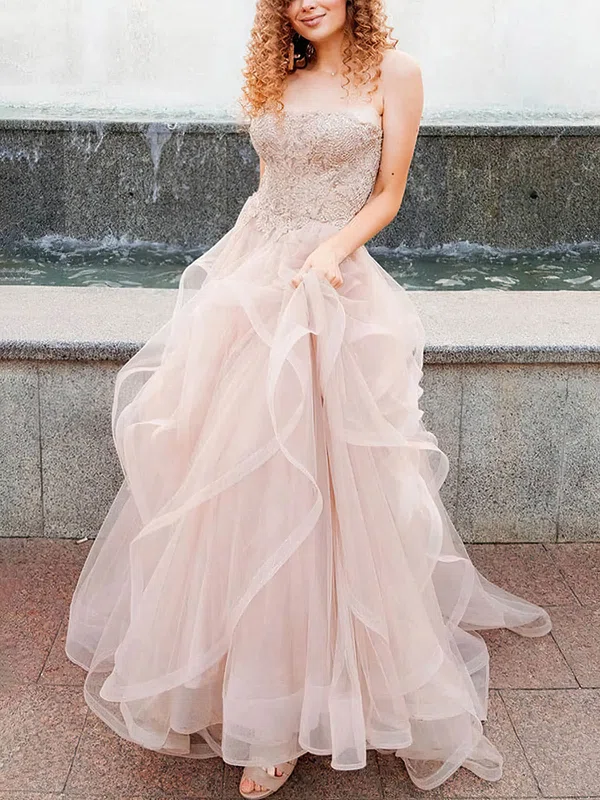 Princess Strapless Tulle Floor-length Prom Dresses With Appliques Lace #UKM020114637