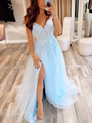 A-line V-neck Tulle Sweep Train Prom Dresses With Split Front #UKM020114638