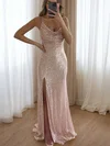 Sheath/Column Sweep Train Cowl Neck Sequined Split Front Prom Dresses #UKM020114647