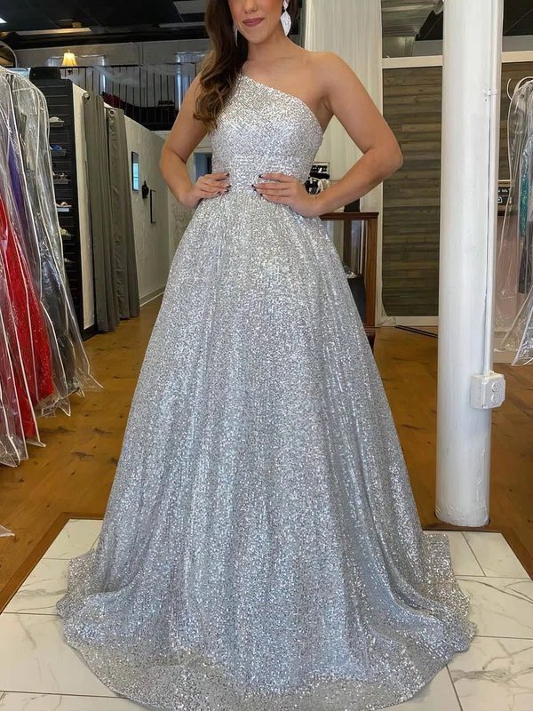 Ball Gown/Princess One Shoulder Sequined Sweep Train Prom Dresses #UKM020114655