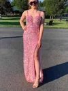 Sheath/Column Sweetheart Sequined Floor-length Prom Dresses With Split Front #UKM020114656