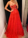 A-line Sweetheart Tulle Sweep Train Prom Dresses With Appliques Lace #UKM020114662